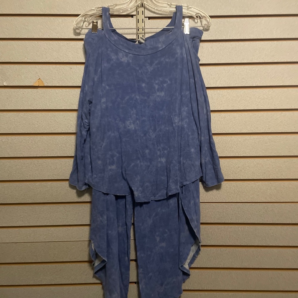 Cato Womens Blue Tie Dye Cold Shoulder Top and Tulip Hem Pants Lounge Set L